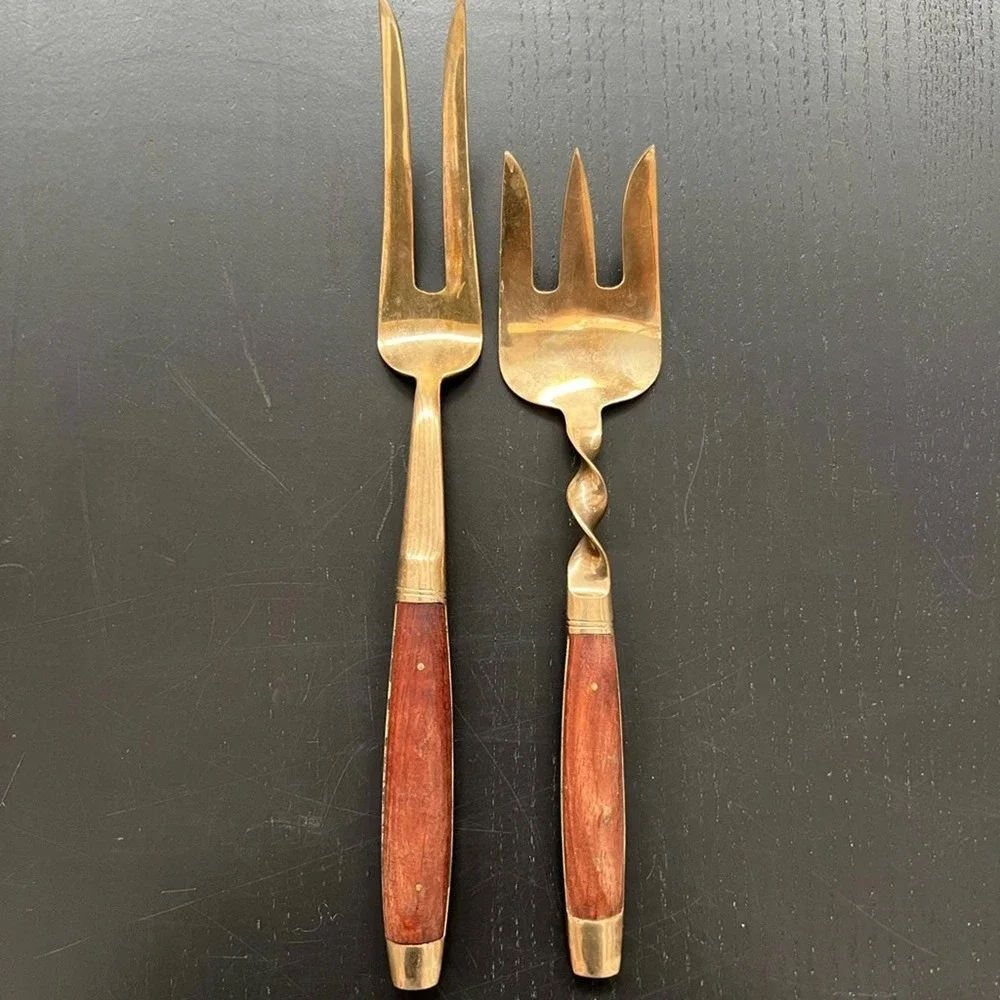 Vintage Brass Flatware Set of Knives Brass with Wood Grain Handle MCM 14pc
